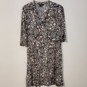 George White/Black/Brown Geo Print 3/4 Sleeve Surplice Wrap Dress Size 4-6